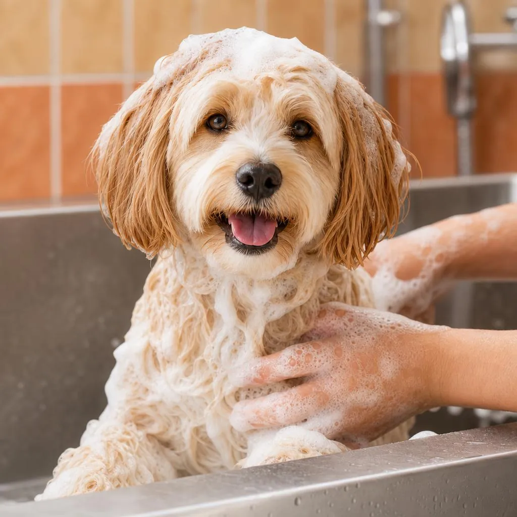 Perro pequeño siendo bañado con espuma en una bañera de acero de la peluquería
