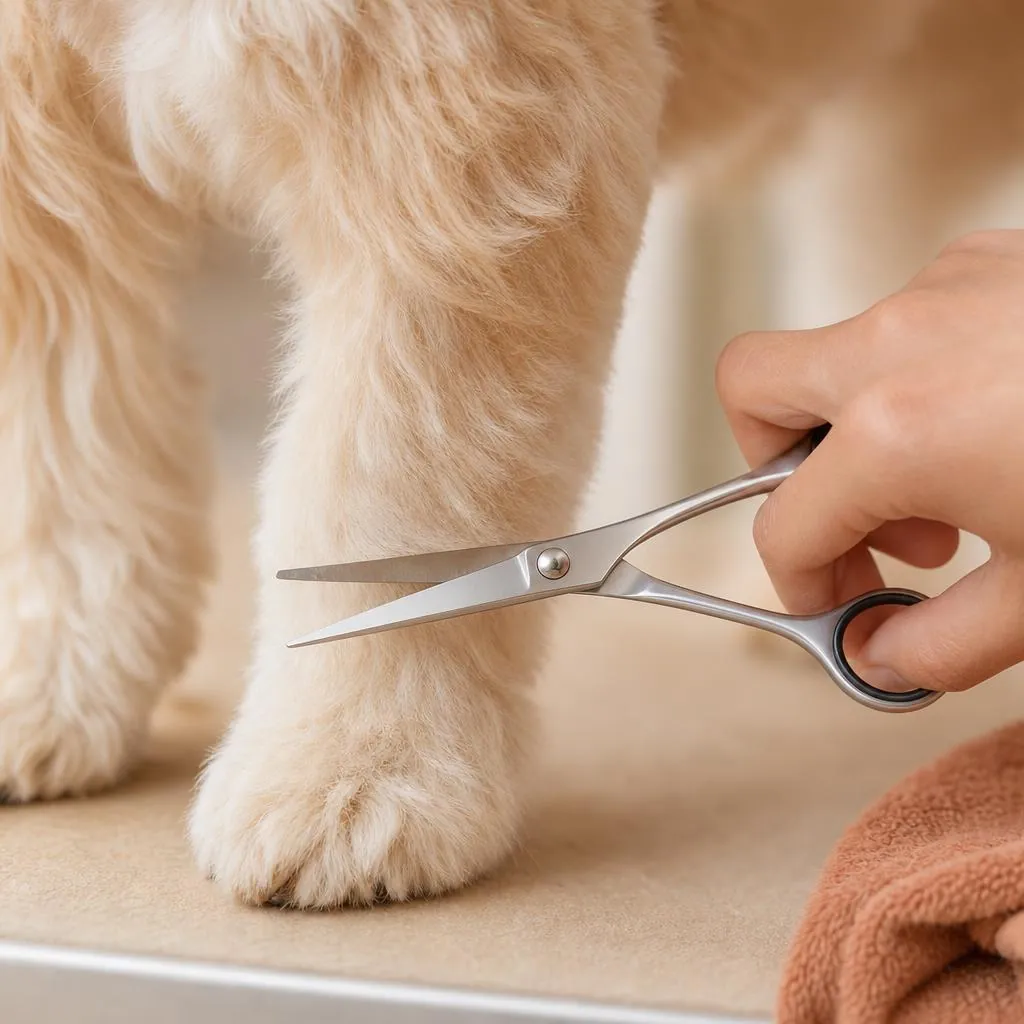 Primer plano de tijeras de peluquería profesional recortando el pelo de la pata de un perro
