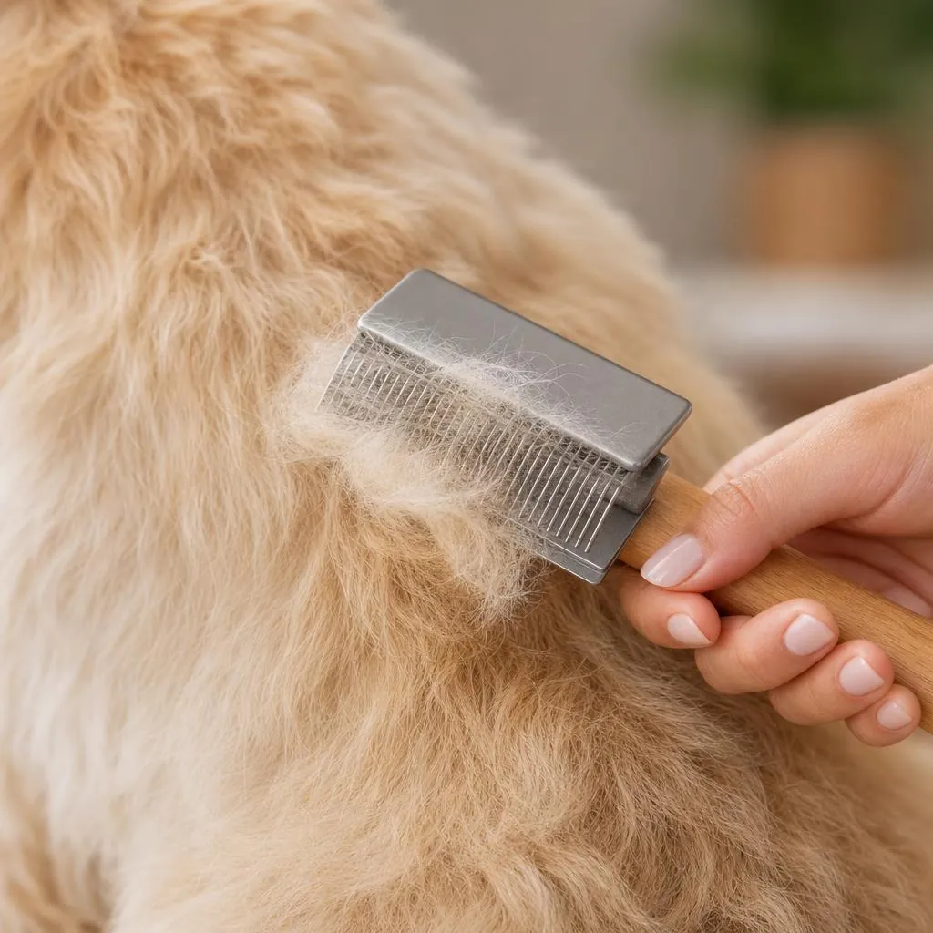 Cepillo deslanador retirando pelo muerto del subpelo de un perro peludo