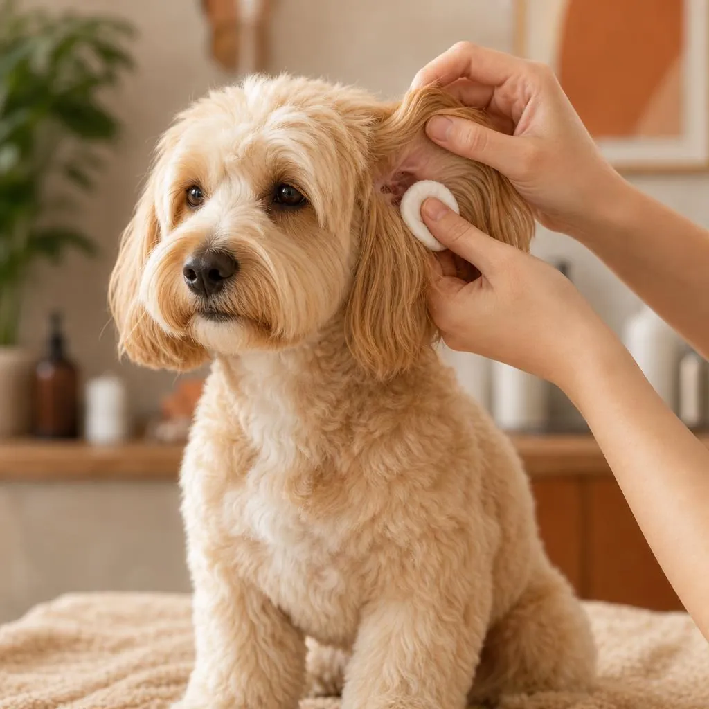 Limpieza suave de oídos de un perro con productos específicos