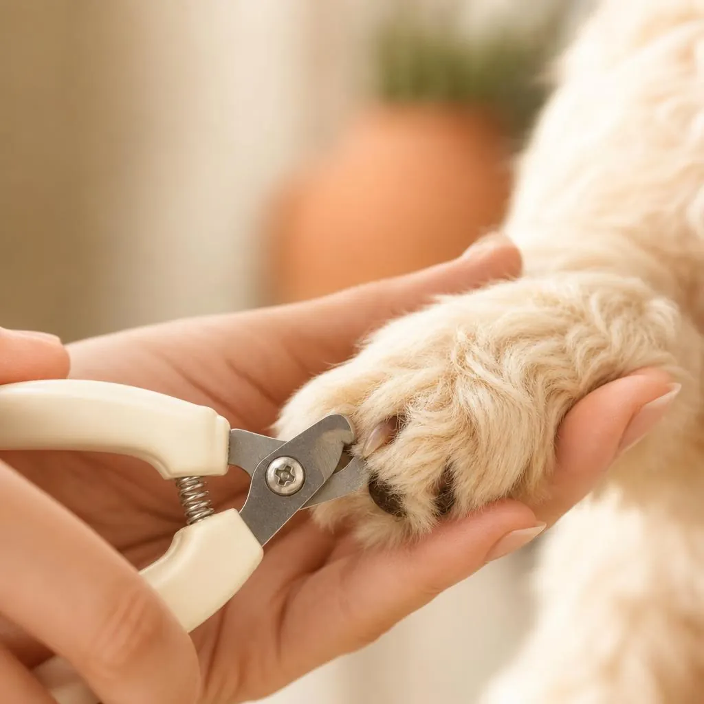 Cortaúñas recortando con delicadeza las uñas de la pata de un perro tranquilo